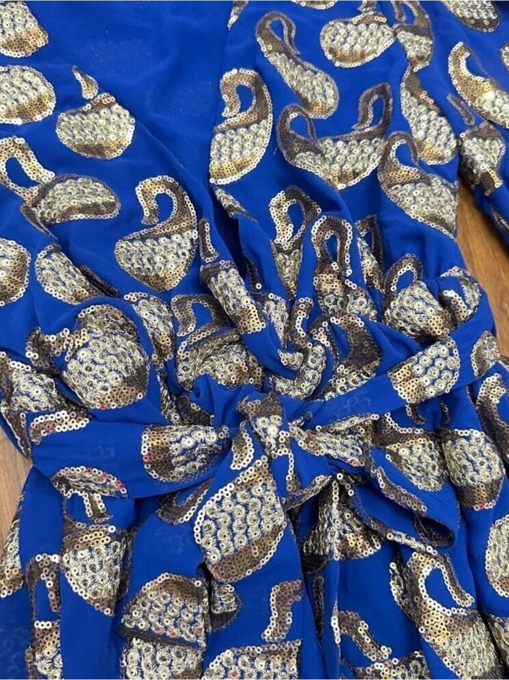 Royal Blue Paisley Print Romper with Dramatic Sleeves - Picture 2 of 5